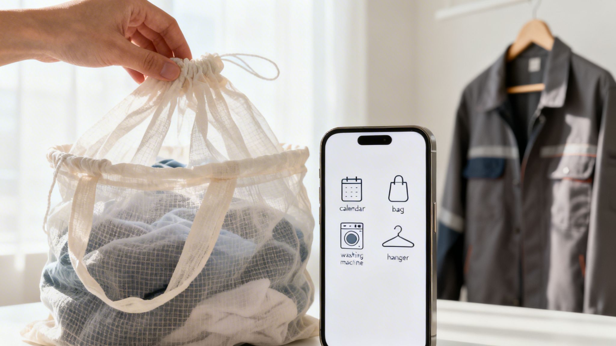 A hand places clothes into a mesh laundry bag, next to a phone with laundry app icons.