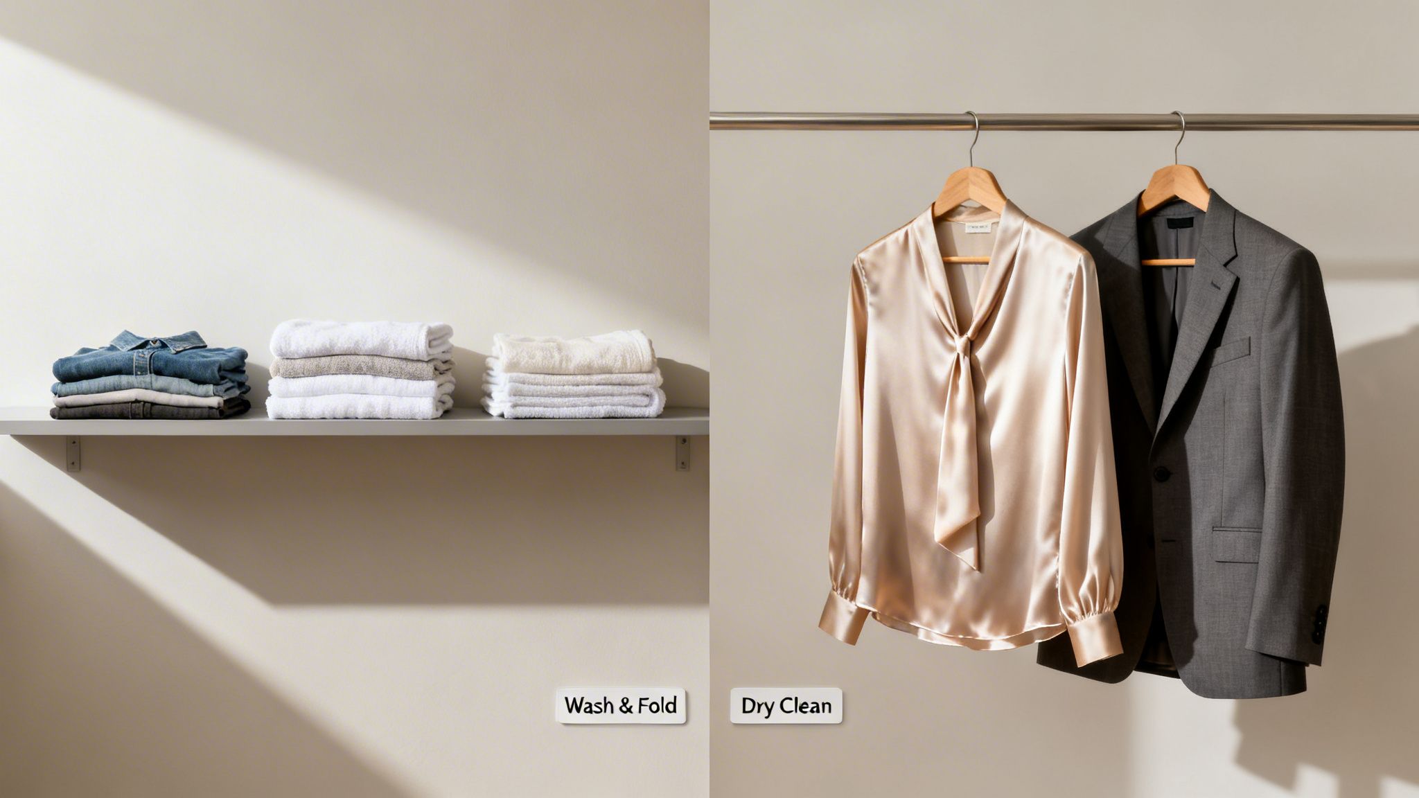 Stacks of folded laundry on a shelf for wash and fold, alongside a blouse and suit jacket for dry cleaning.