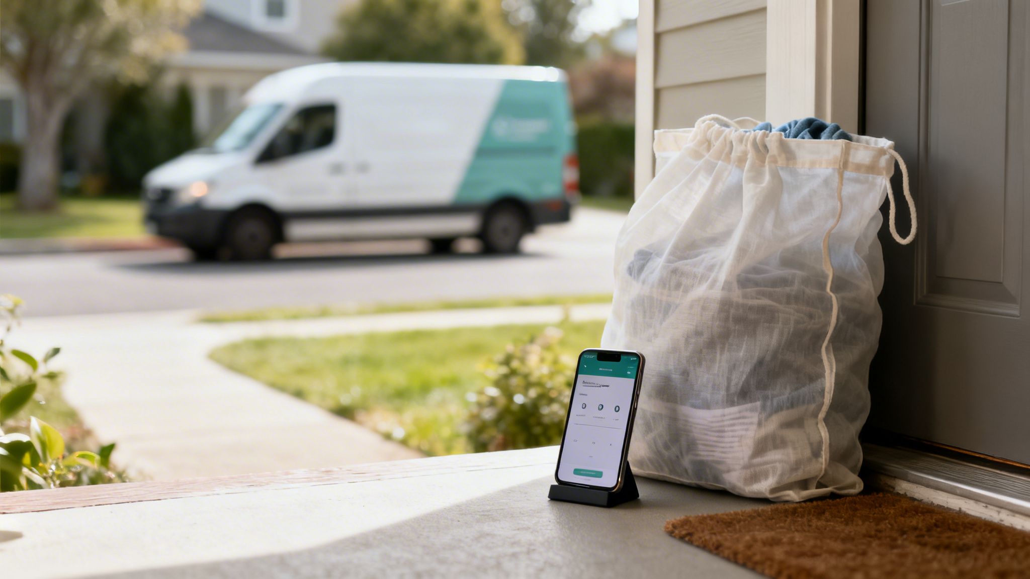 A laundry bag and smartphone on a doorstep, ready for a dry cleaning pickup by a delivery van.