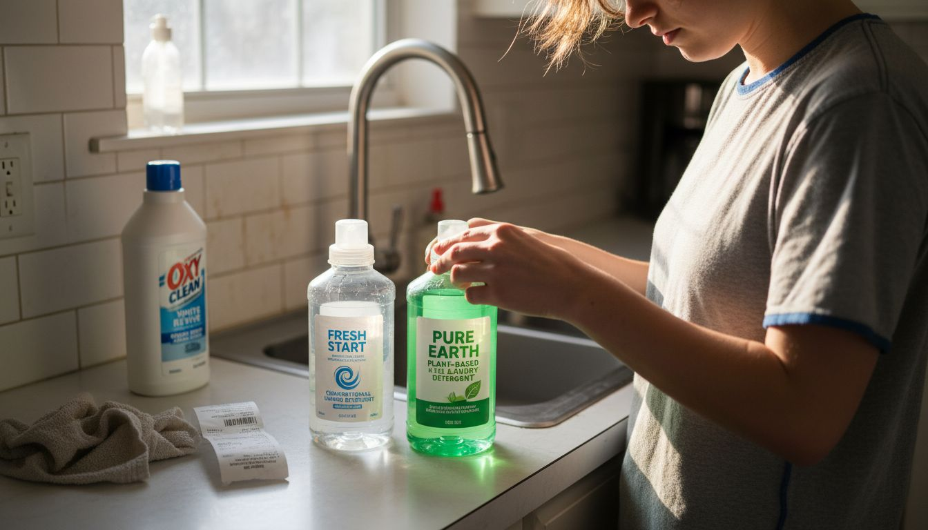 Person comparing eco-friendly detergent options
