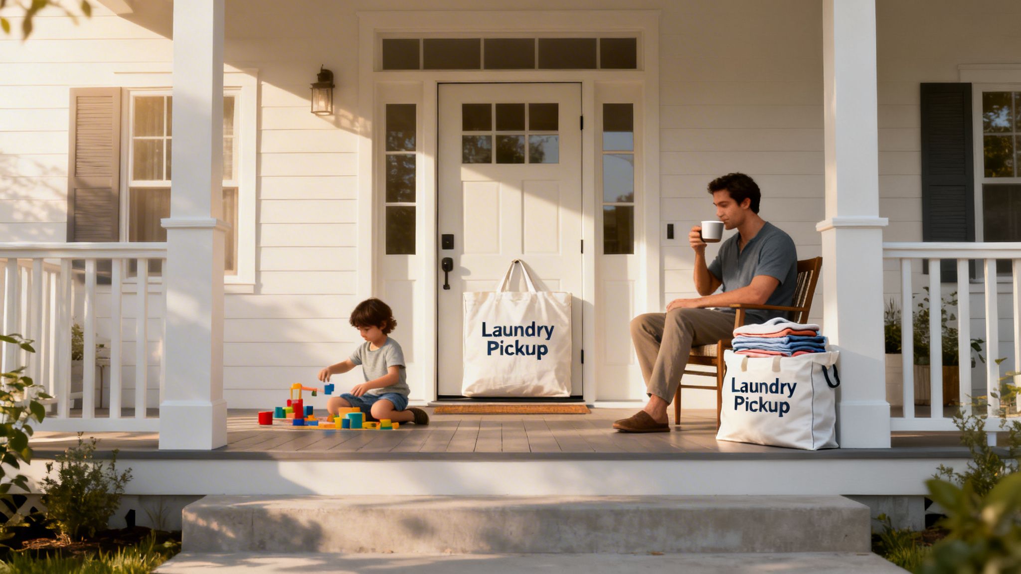 A man sips coffee while his child plays on a porch with two "Laundry Pickup" bags.