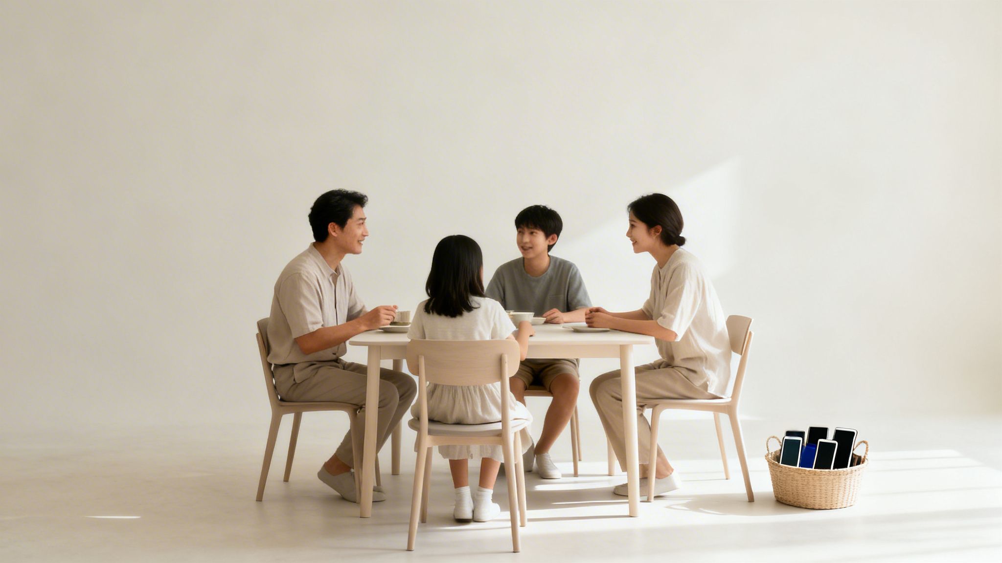 A happy Asian family enjoying a meal and conversation around a white table, with phones stored in a basket.