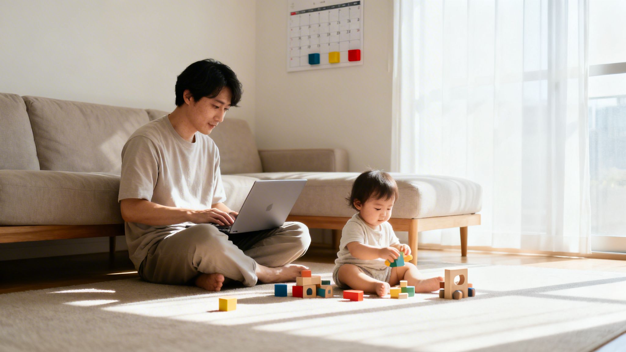 A man works on a laptop on the floor while a baby plays with colorful blocks nearby.