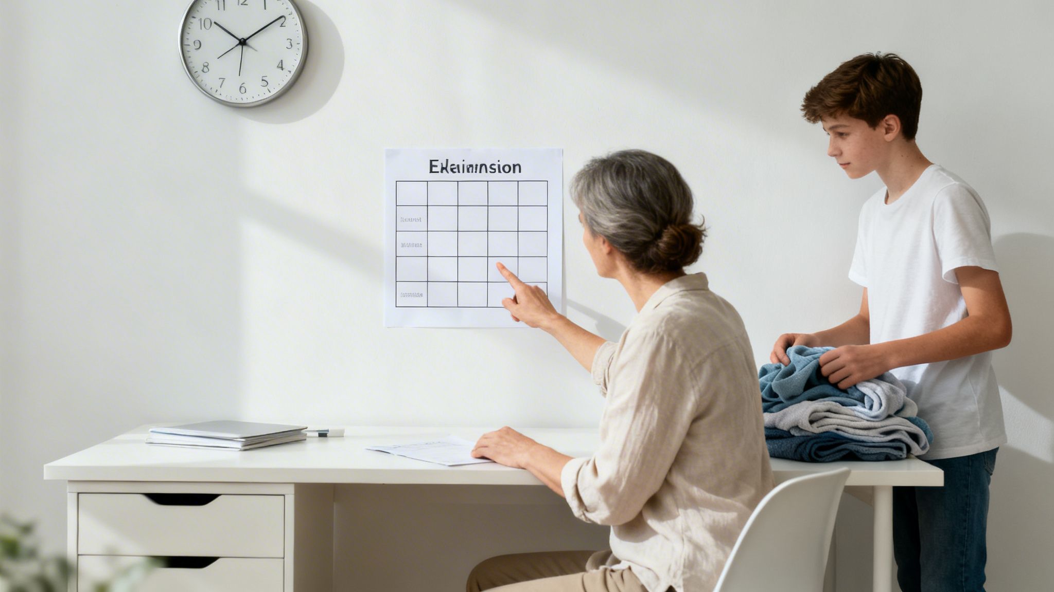 An older woman points at a calendar as a boy folds laundry, balancing daily tasks.