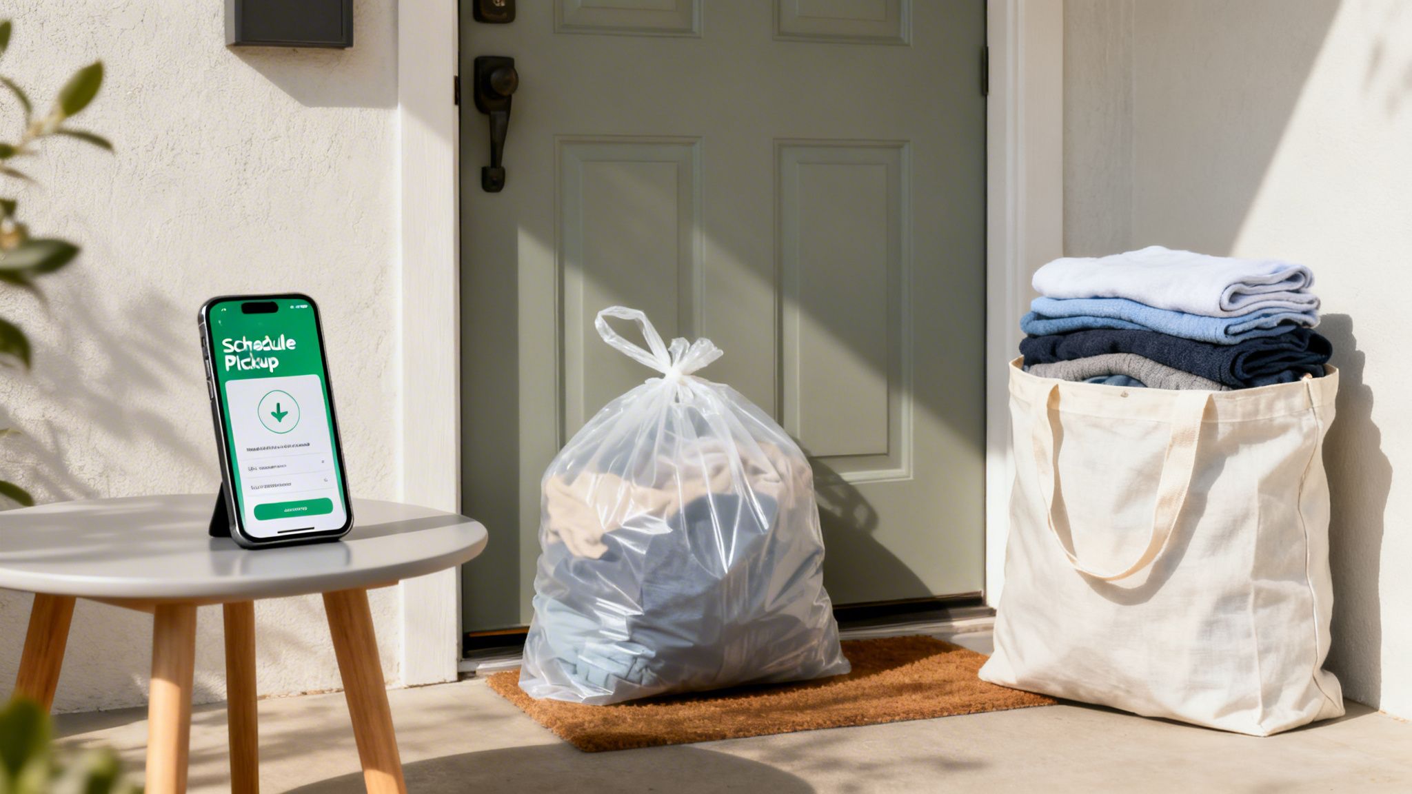 Smartphone displaying 'Schedule Pickup' next to bags of laundry on a doorstep, illustrating a convenient service.