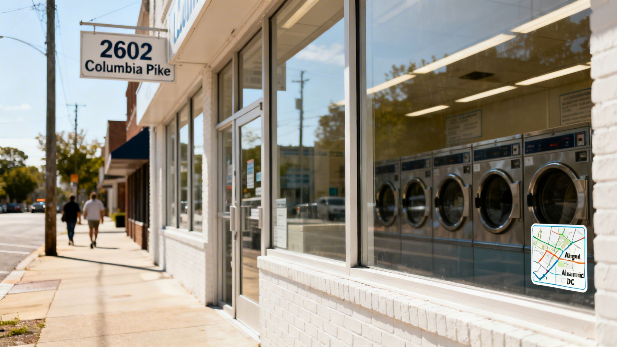 Exterior of a laundromat with visible washing machines and a sign reading 2602 Columbia Pike.