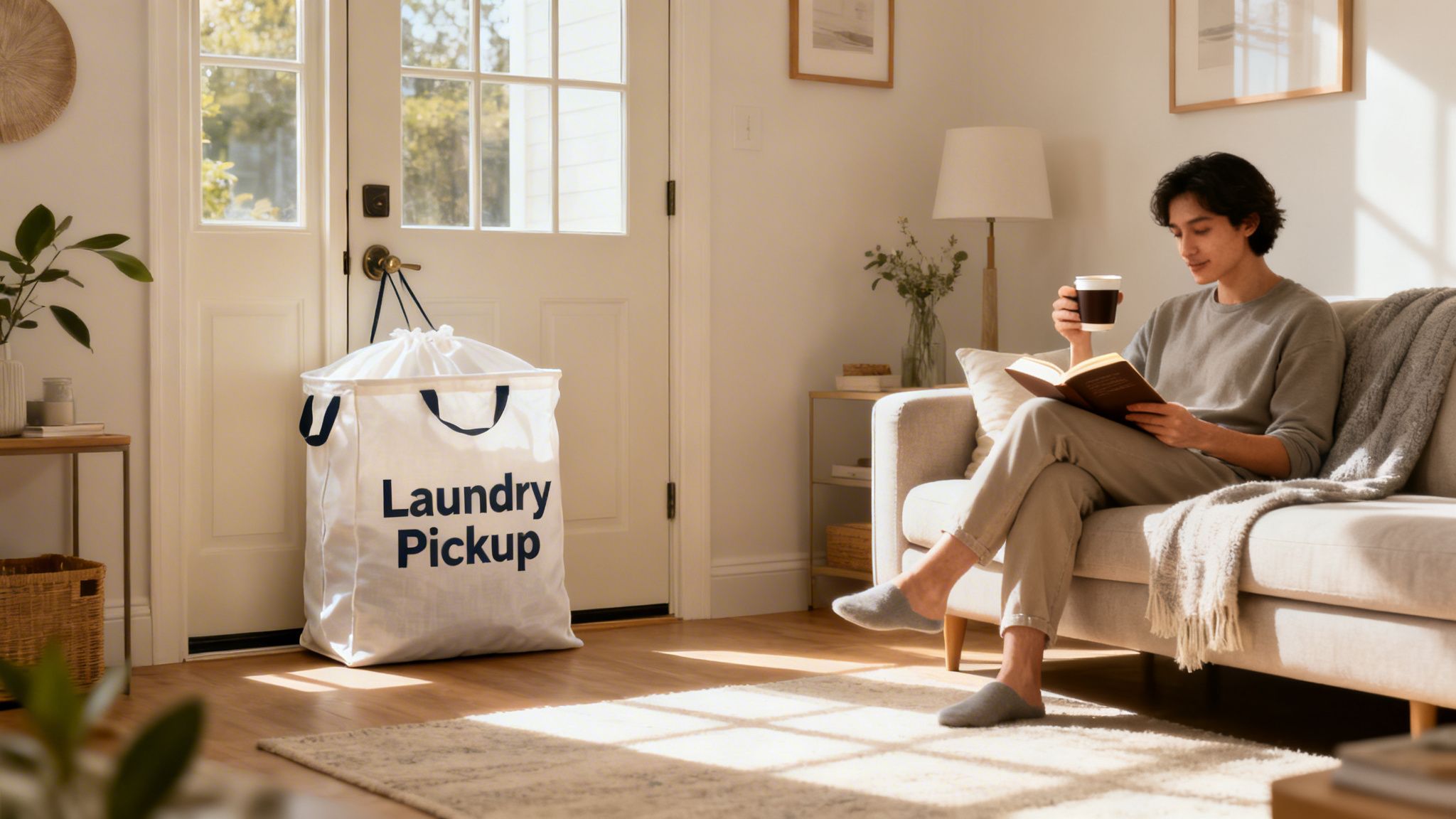 A man reads on a couch while a white 'Laundry Pickup' bag sits by the front door.