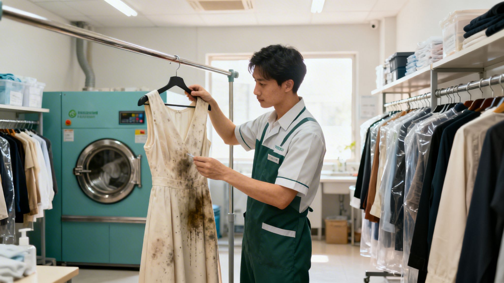 A dry cleaner inspects a heavily mold-stained white dress with a tool in a laundry facility.