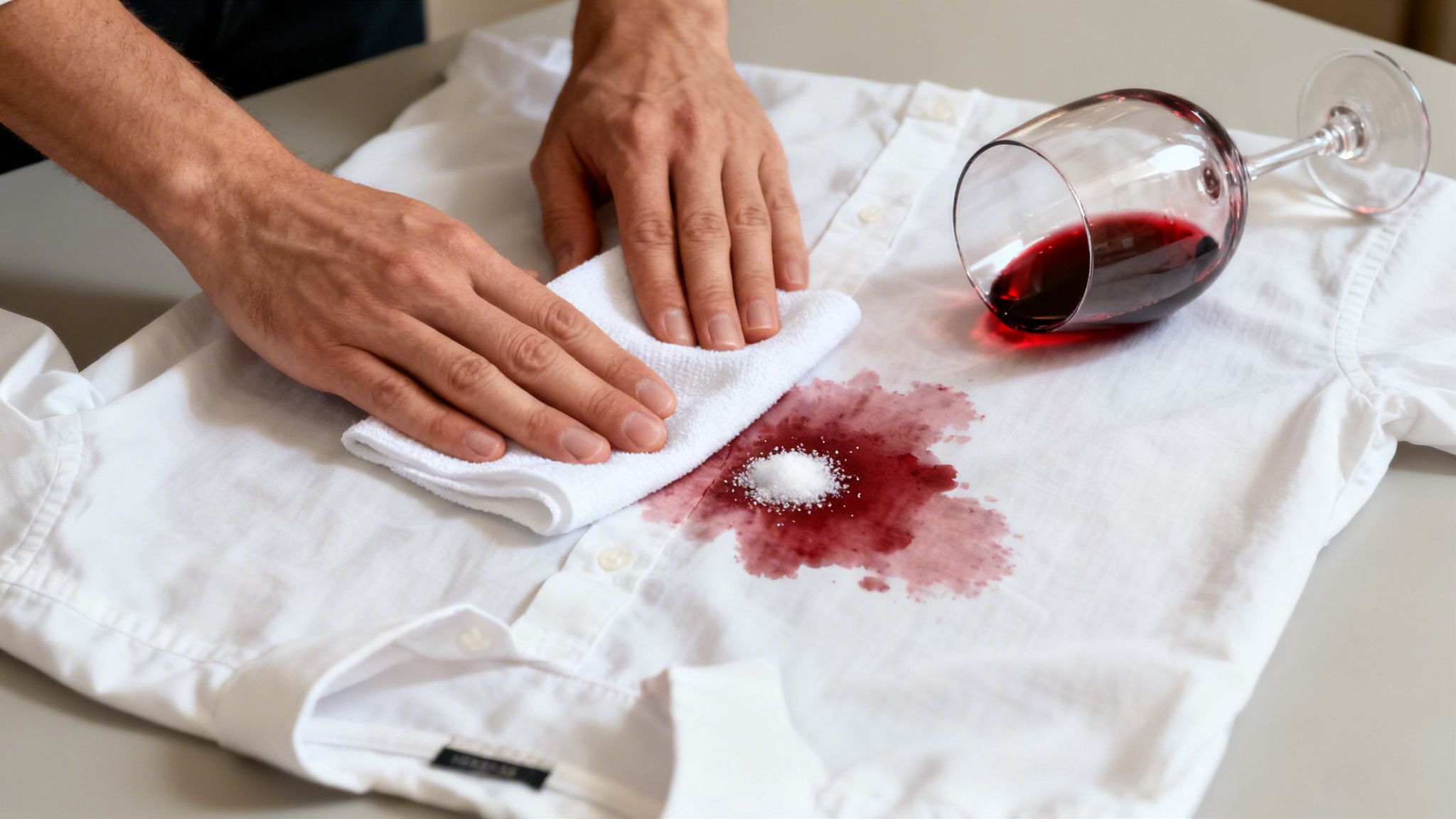 A person's hands treating a red wine stain on a white shirt with salt and a cloth.