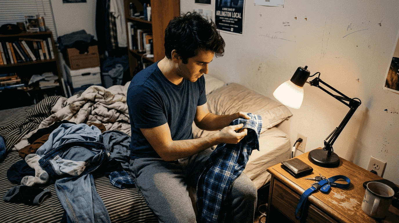 Man checking clothes for stains and empty pockets