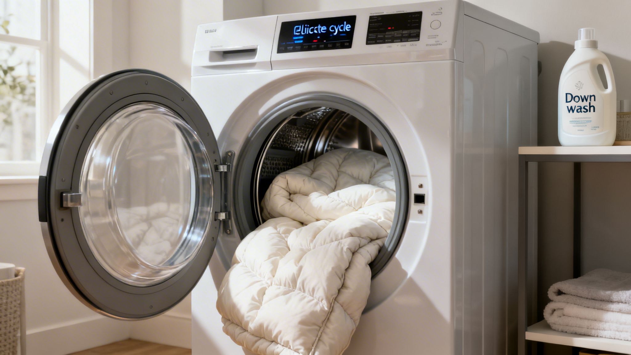 A white down comforter is loaded into a front-loading washing machine set to delicate cycle.