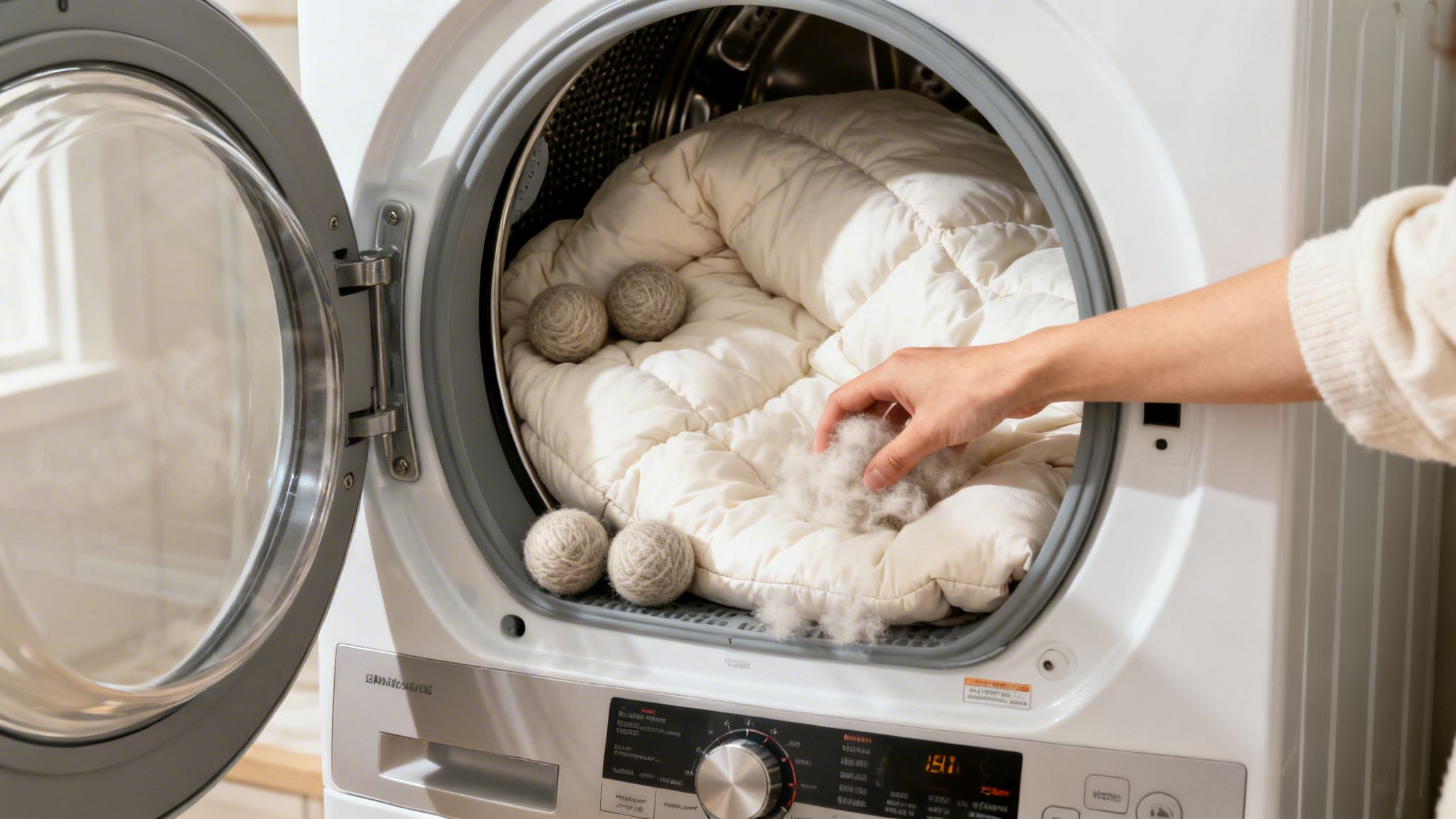 A person's hand adds a fluffy white comforter, dryer balls, and lint to a laundry dryer.