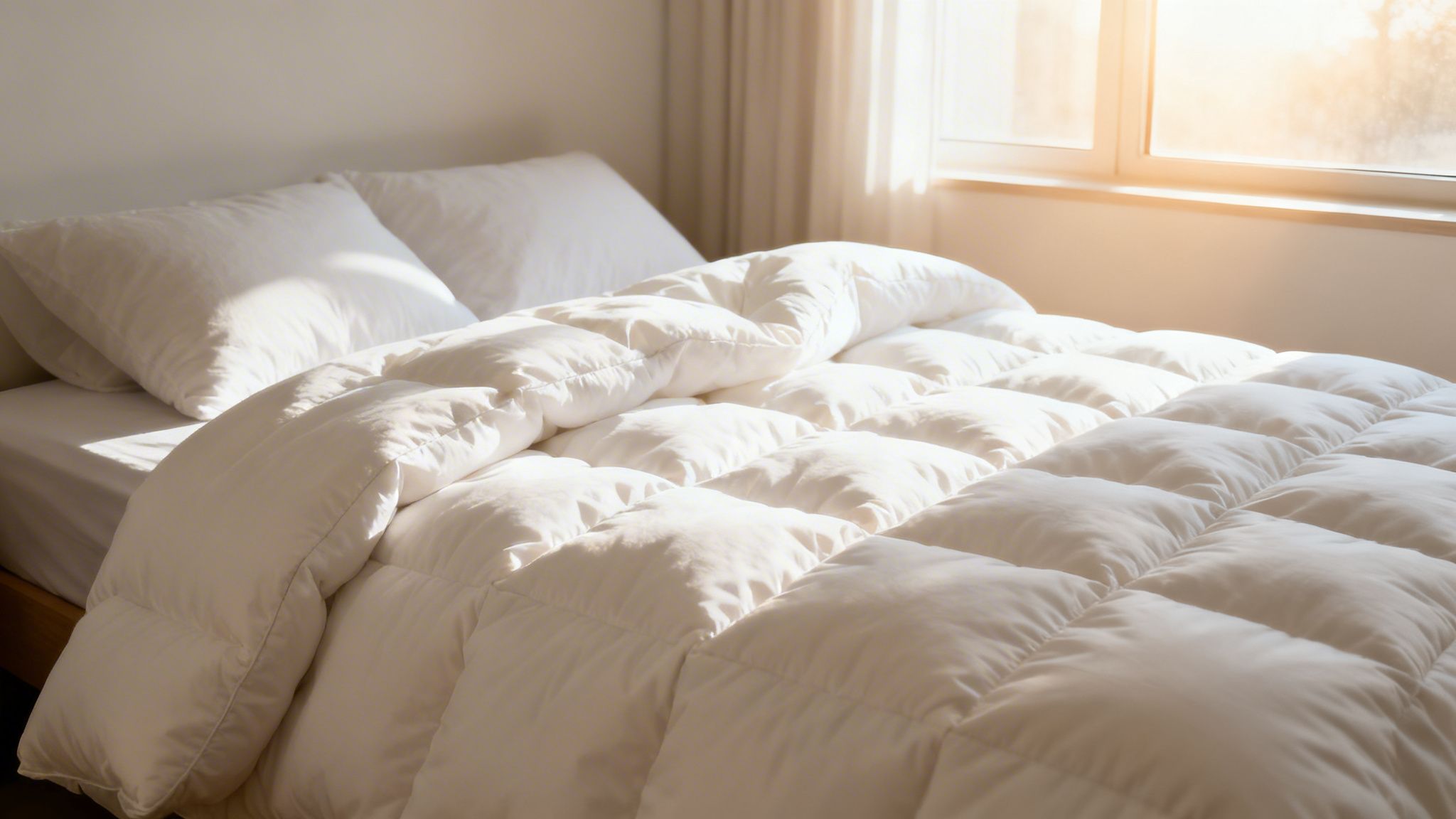 A bright bedroom features a bed with white pillows and a fluffy, quilted down comforter, illuminated by sunlight.
