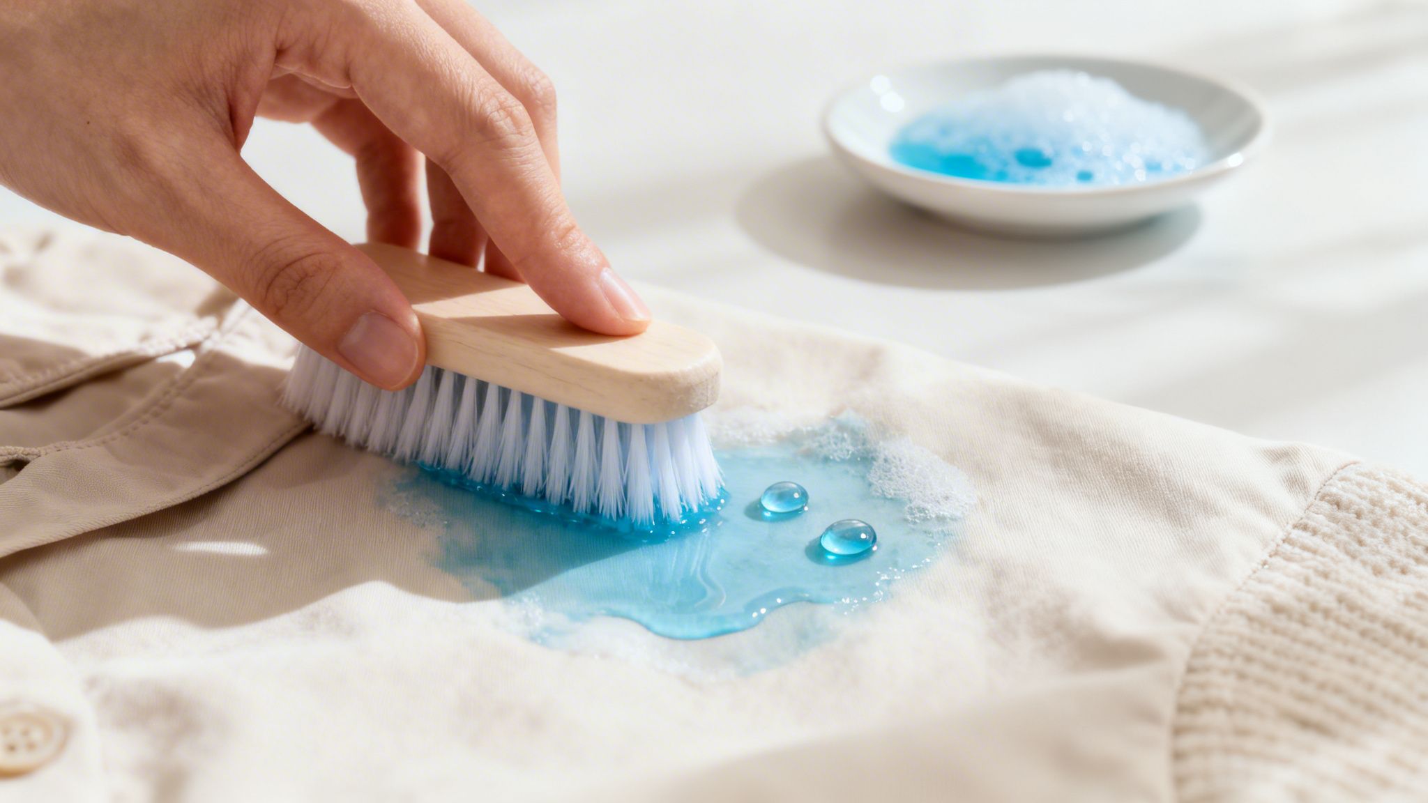 A hand holds a wooden brush, scrubbing blue cleaning liquid and suds on a beige shirt for stain removal.