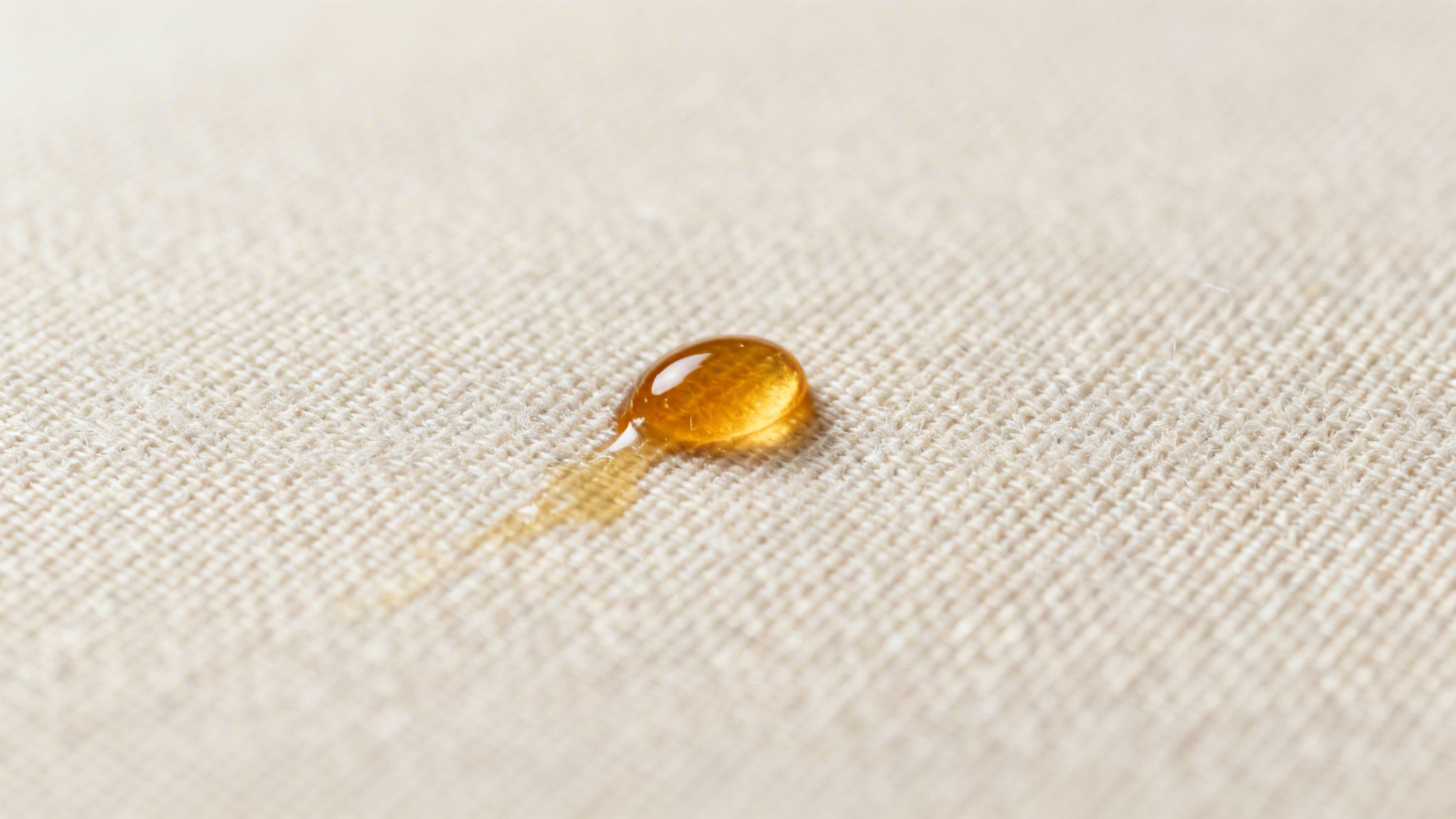 A golden liquid drop on a textured, light beige fabric, demonstrating its water-repellent surface.