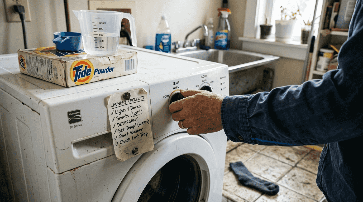 Hand setting water temperature in laundry room