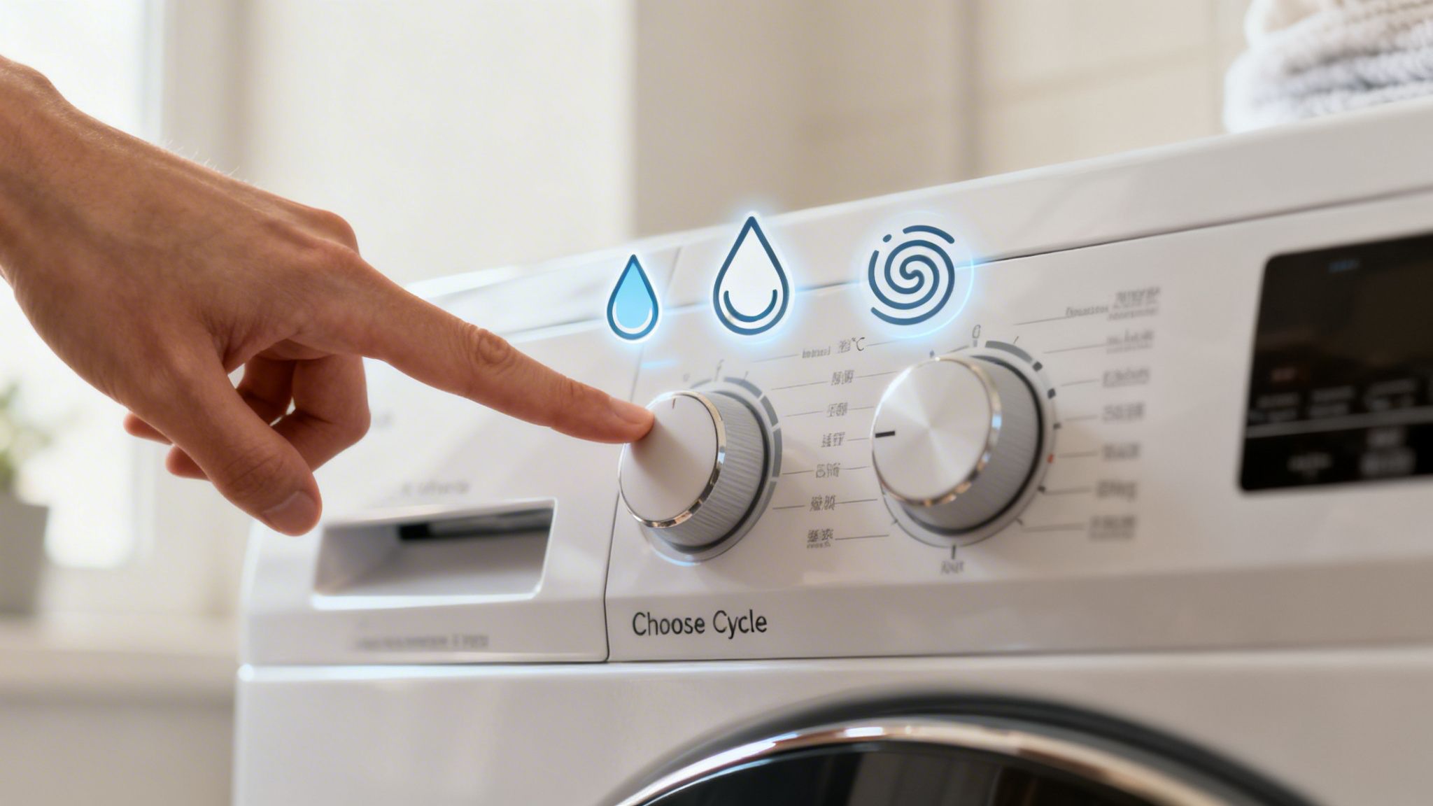 Hand turning a washing machine dial to select a cycle, with blue water and spin icons.