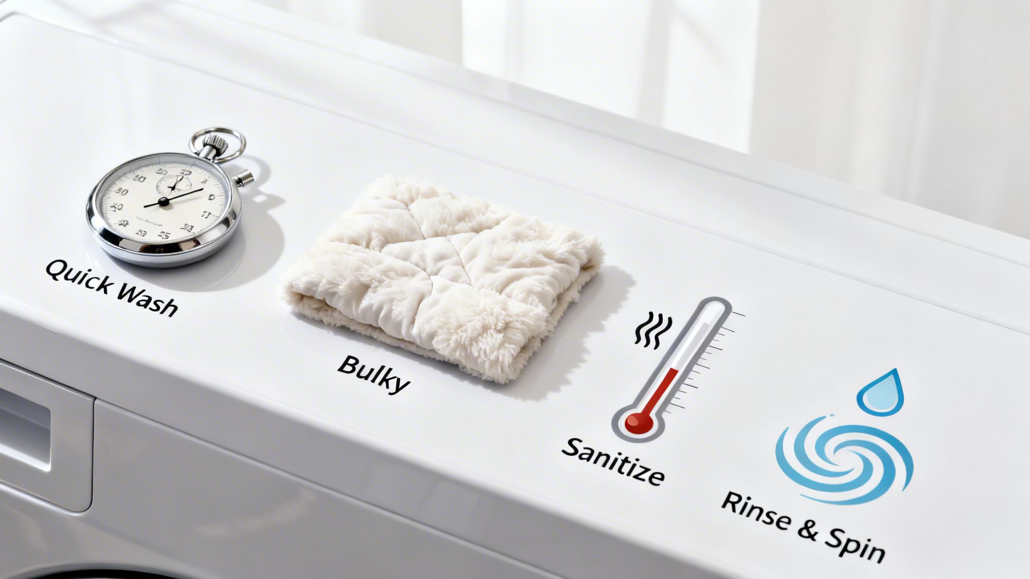 Top-down view of a white washing machine's control panel, showing Quick Wash, Bulky, Sanitize, and Rinse & Spin cycles.
