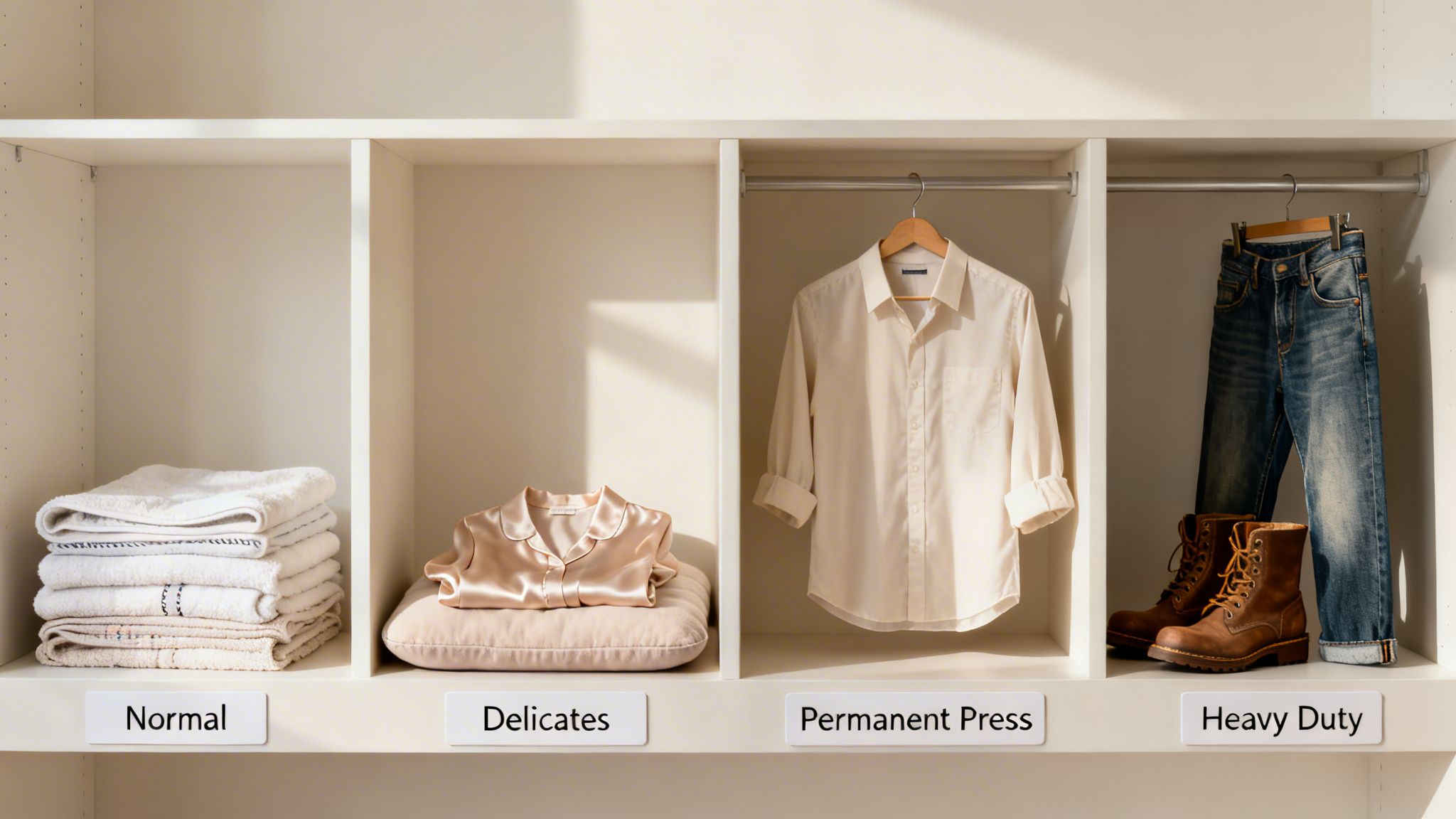 Four shelf compartments categorize laundry: normal towels, delicate pajamas, permanent press shirt, heavy duty jeans and boots.