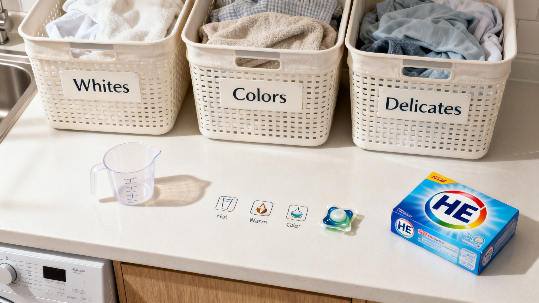 A neatly organized laundry area with three labeled baskets, detergent, a pod, and a washing machine.