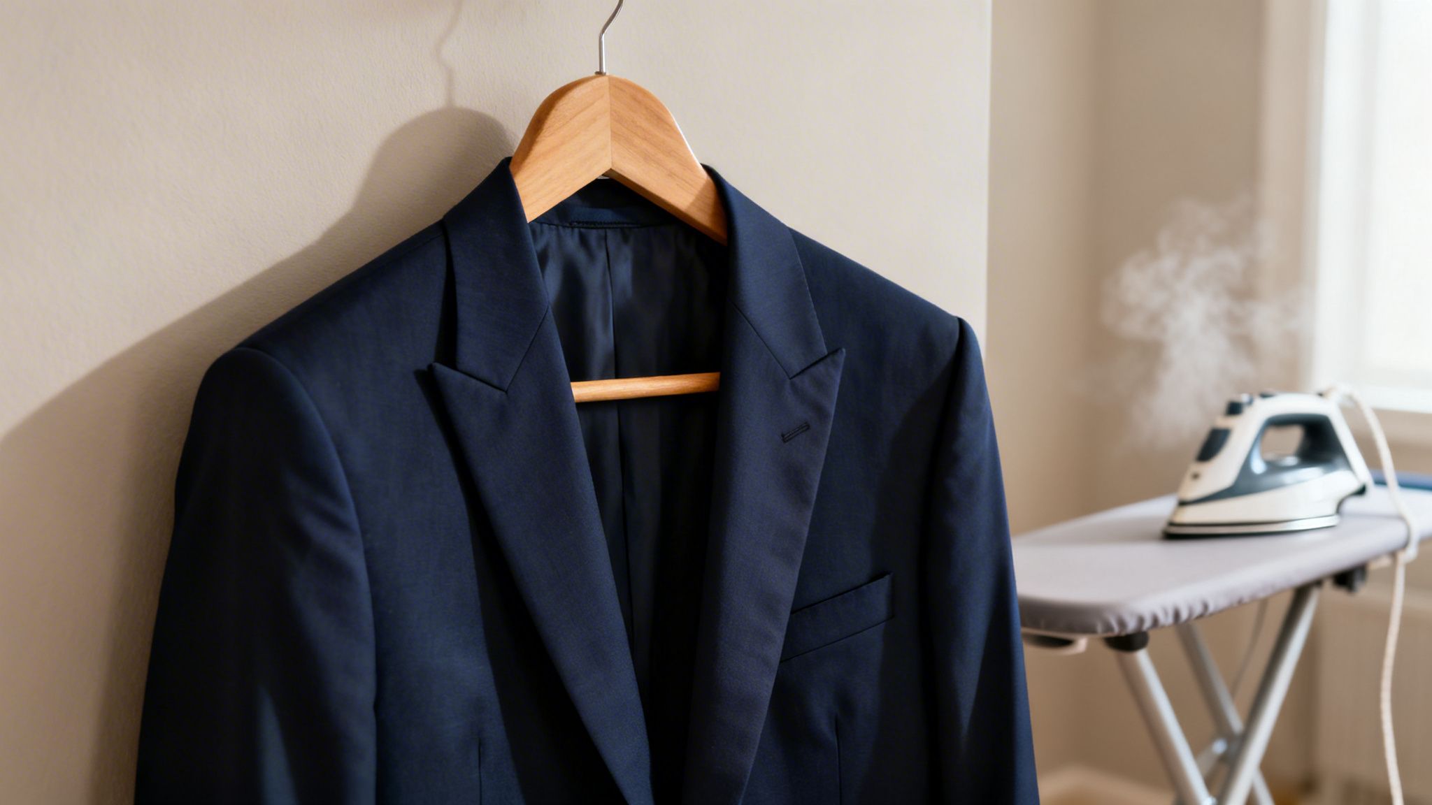 A dark blue suit jacket hanging on a wooden hanger next to an iron with steam.