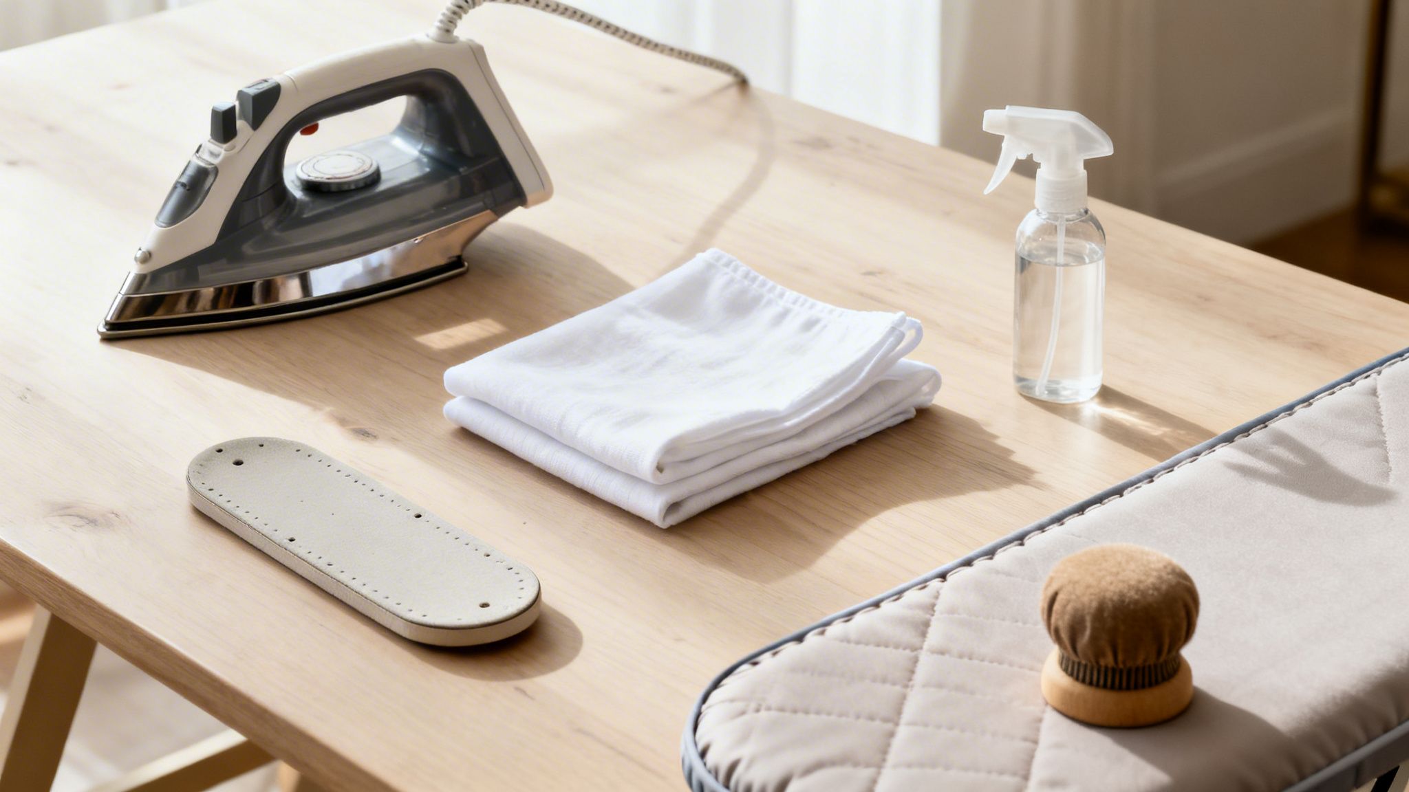 An electric iron, folded white cloths, a spray bottle, and pressing tools on a wooden table.