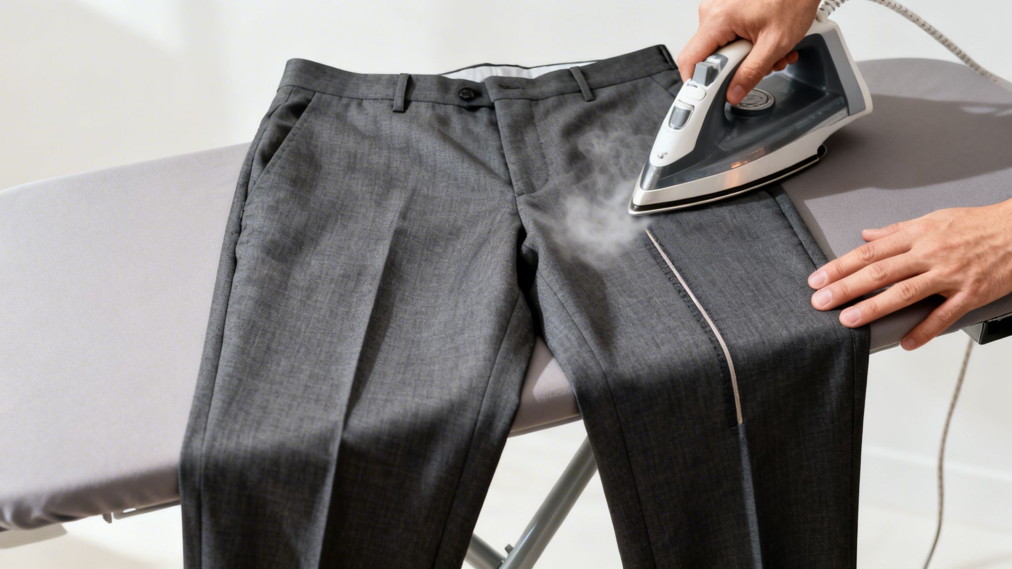 A person ironing grey dress pants on an ironing board, with visible steam from the iron.