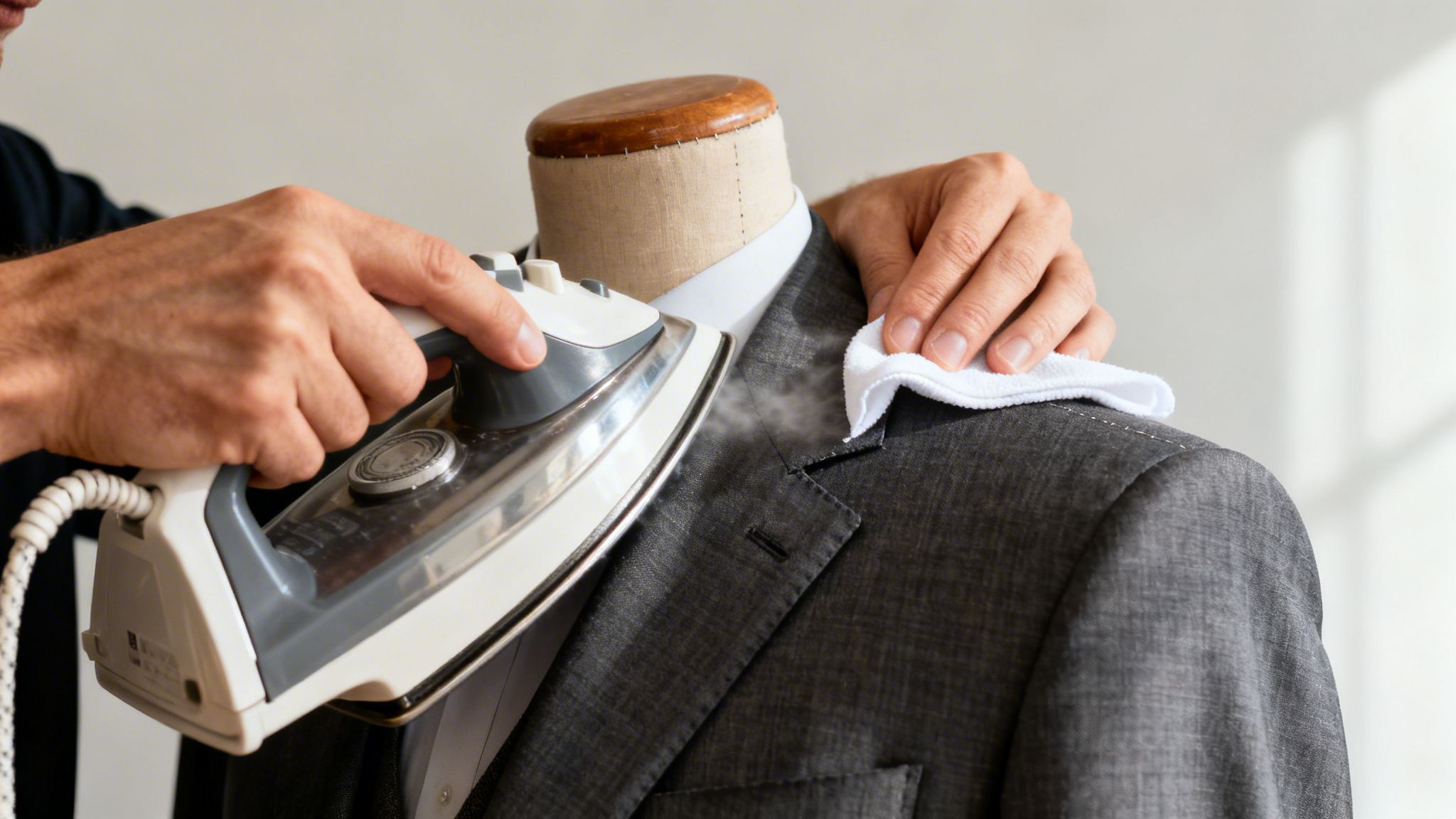 A person uses a steam iron to press a gray suit jacket on a tailor's mannequin.