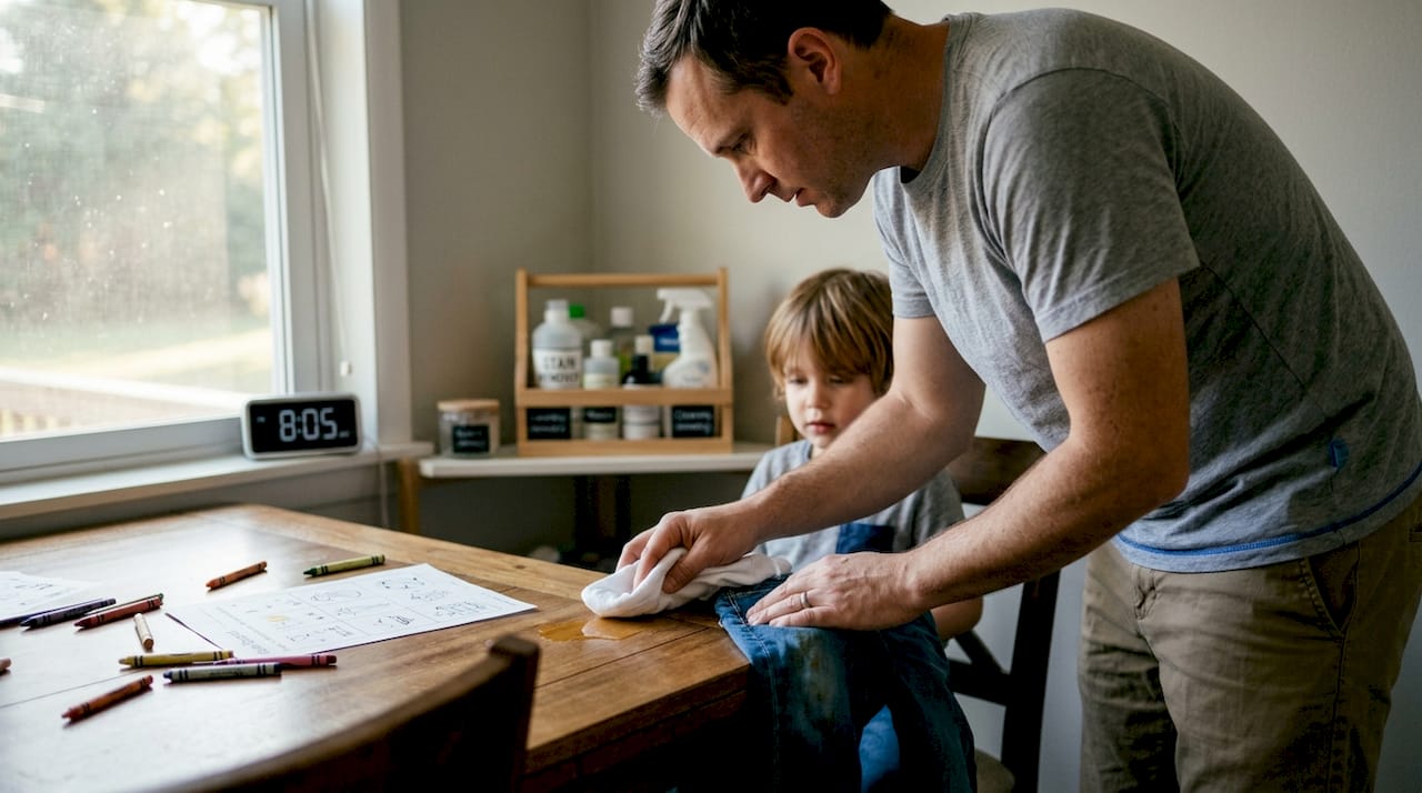 Father blotting fresh stain in kitchen