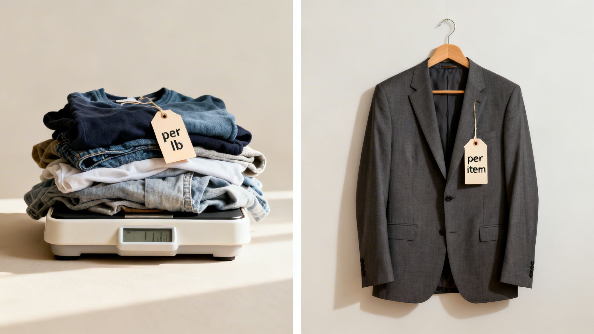 A scale with clothes and a 'per lb' tag, beside a suit with a 'per item' tag.