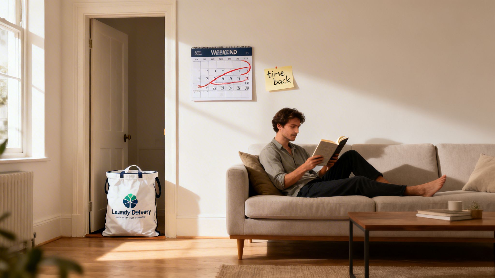 A man relaxes on a sofa reading a book, while a laundry delivery bag waits nearby.