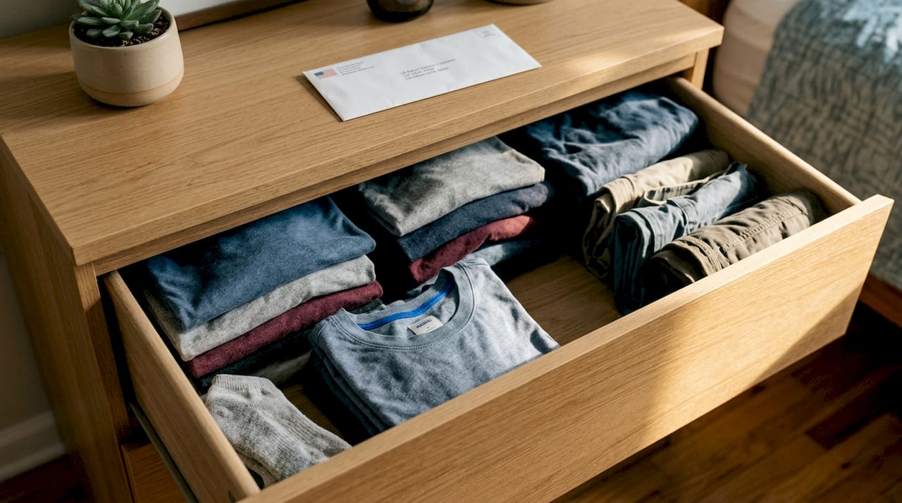 Neatly folded clothes in open dresser