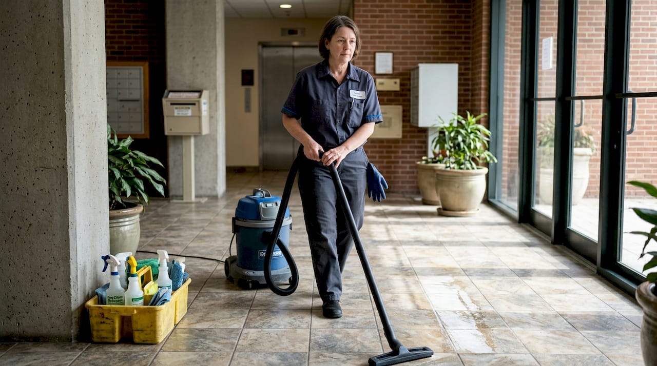 Cleaner using industrial vacuum in lobby