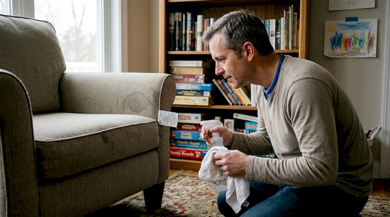 Man reading fabric tag for spot cleaning