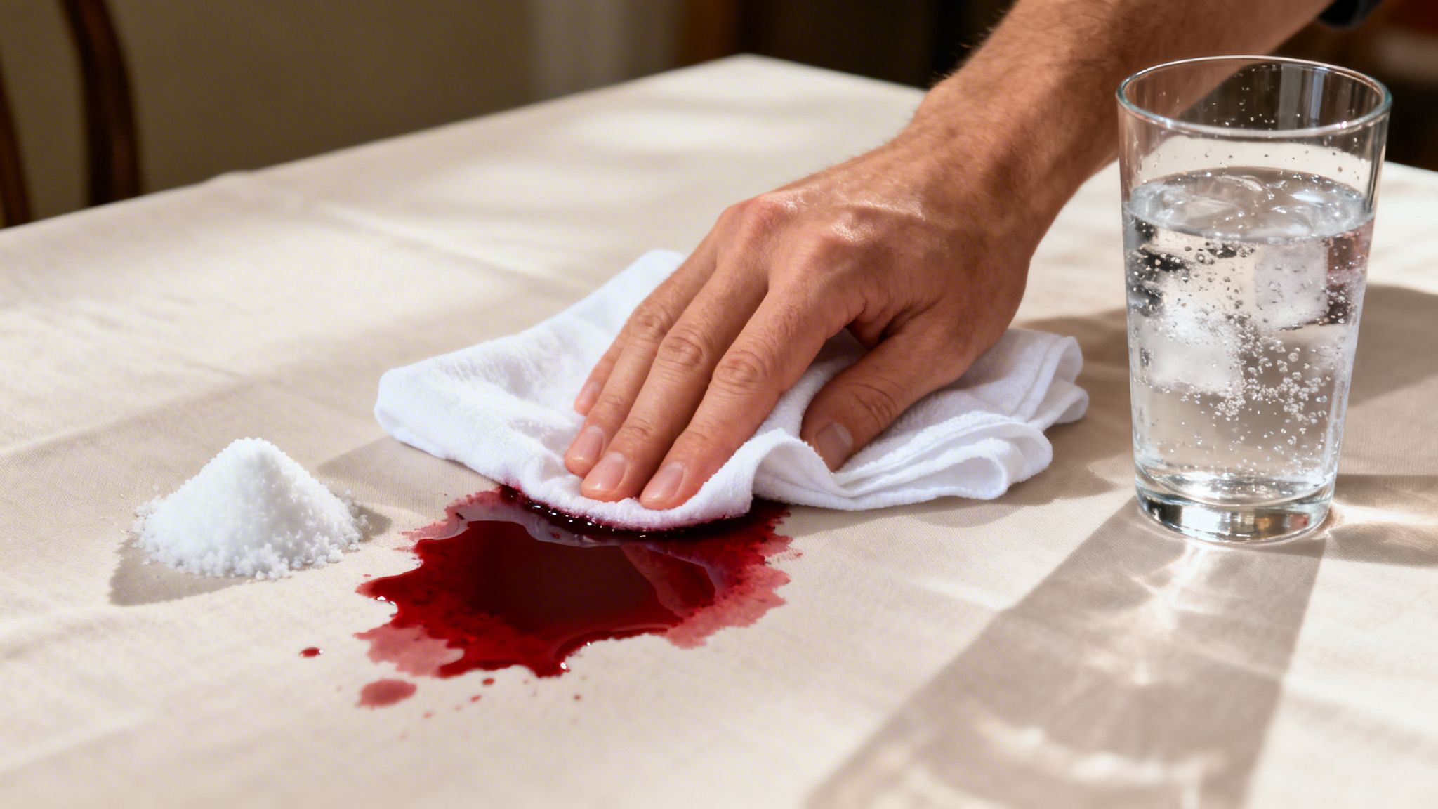 A hand dabbing a fresh red wine stain on a tablecloth with a white towel, salt, and water nearby.