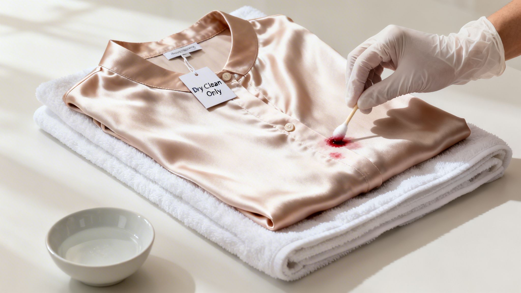 A gloved hand spot-cleaning a red stain on a 'Dry Clean Only' silk shirt with a swab.
