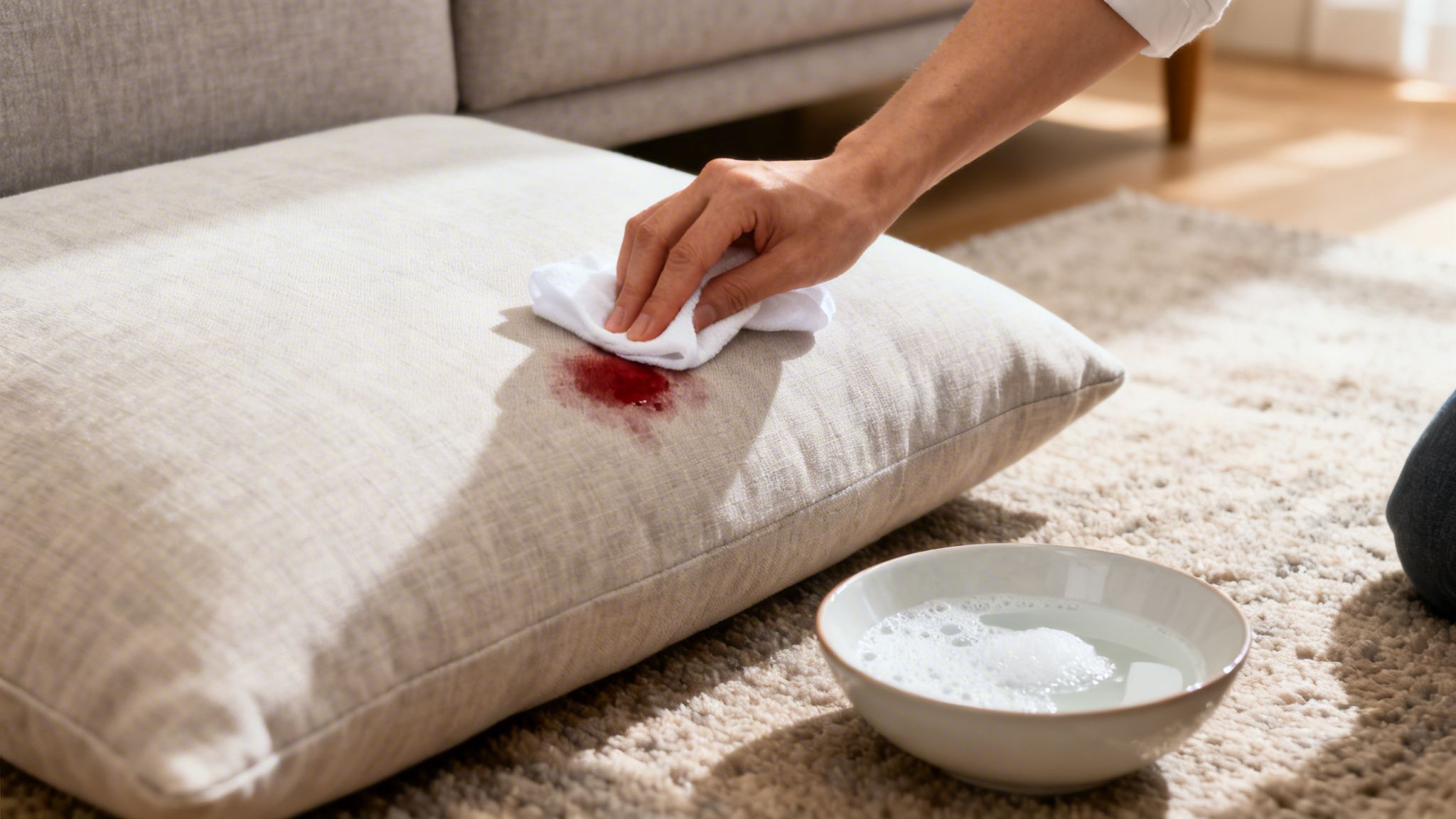 A person's hand cleans a red wine stain from a light-colored sofa cushion using a white cloth and soapy water.