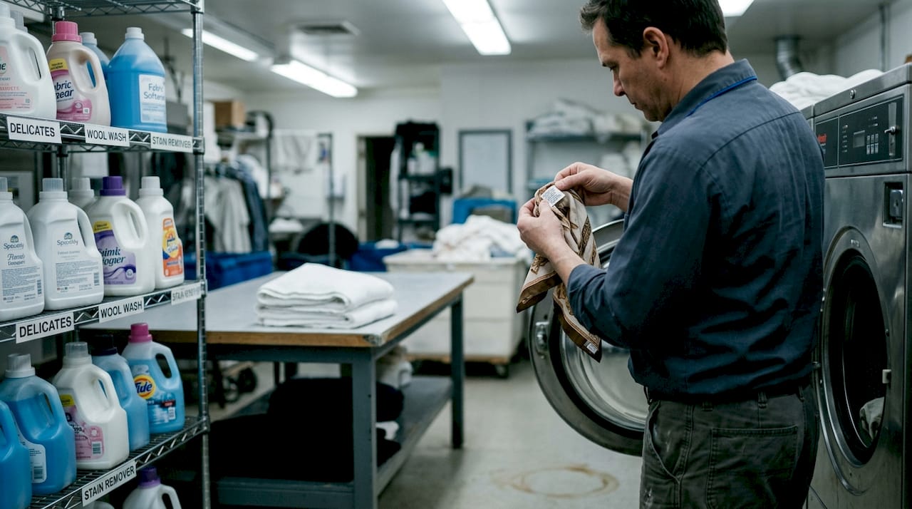 Laundry expert checking silk garment label for washing