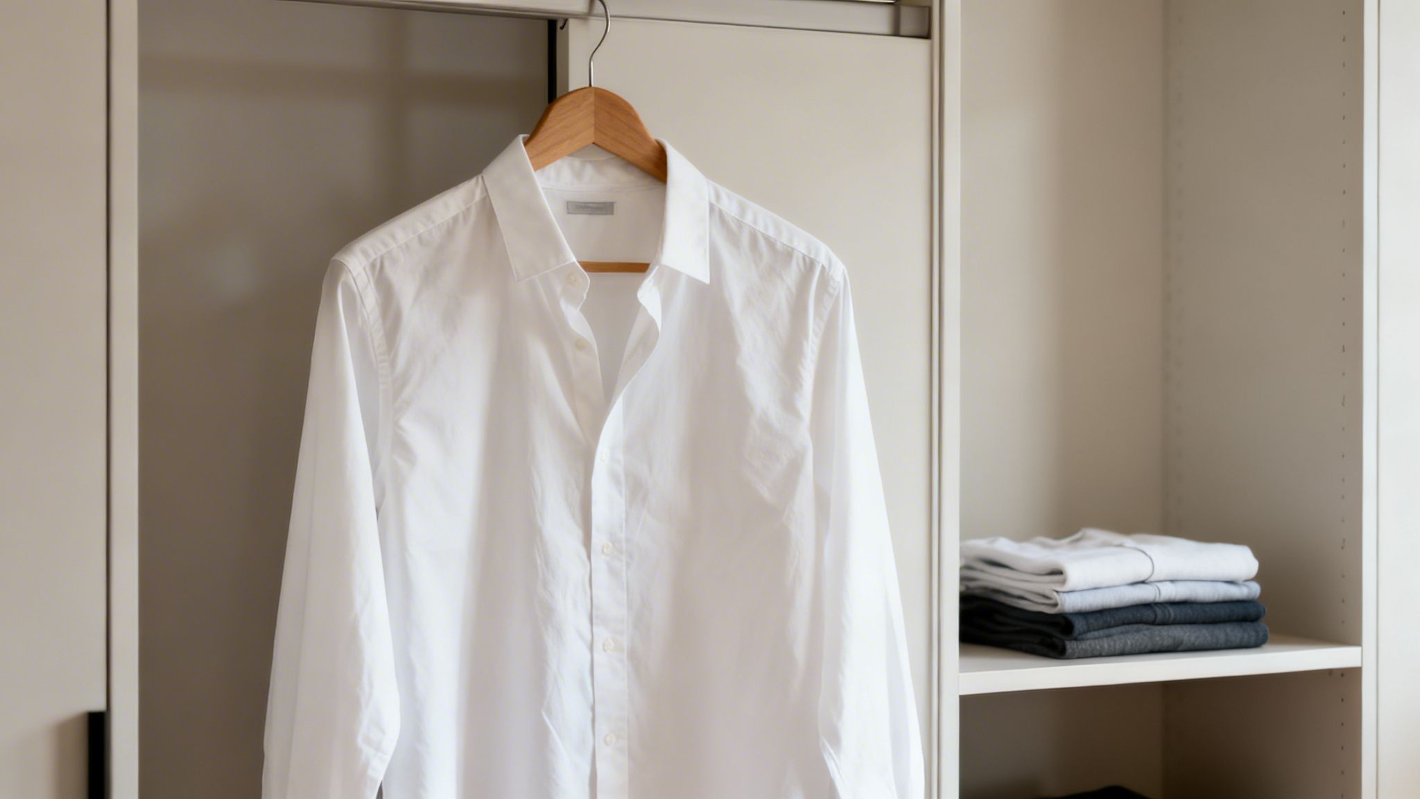 A clean white button-down shirt hangs on a wooden hanger in a closet next to folded clothes.