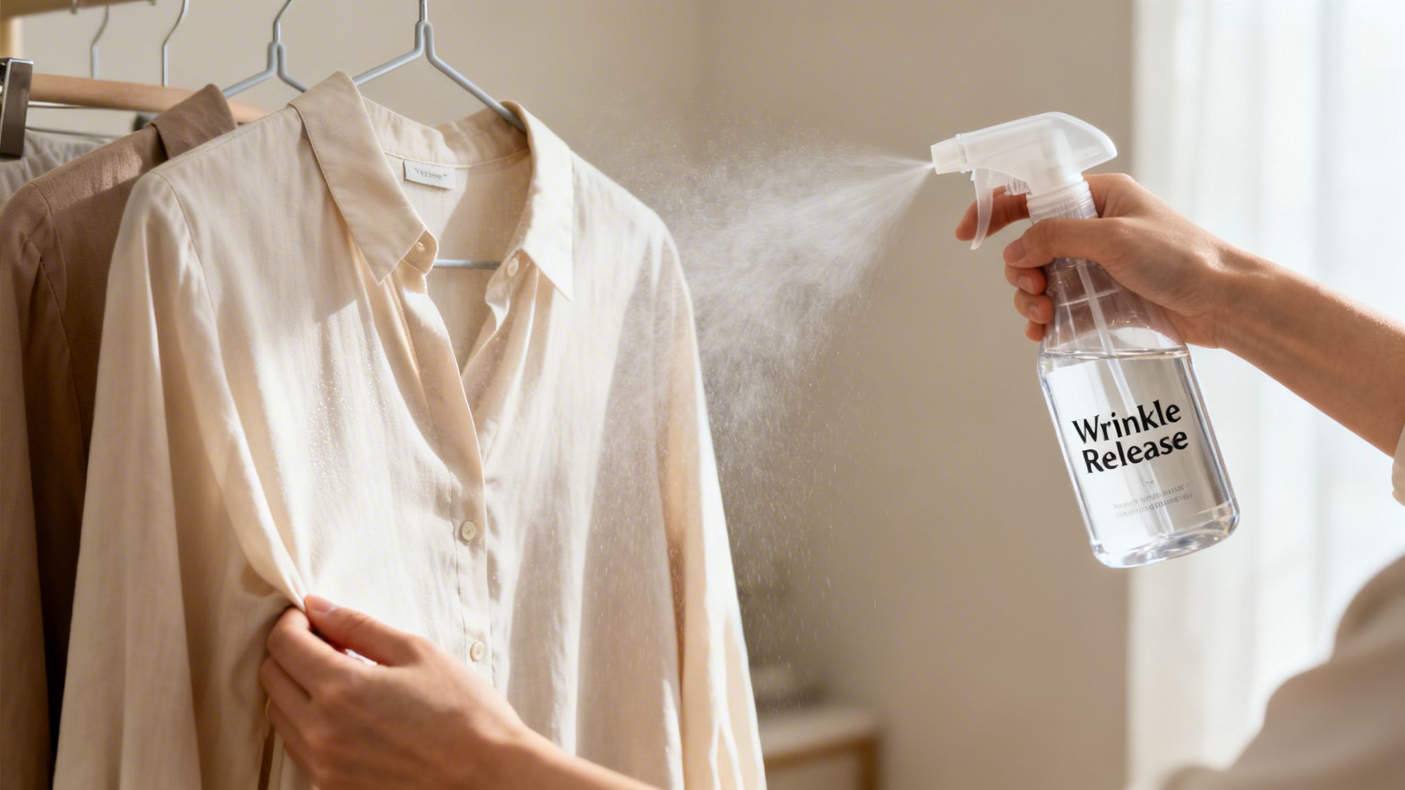 A hand sprays a 'Wrinkle Release' bottle on a cream shirt hanging on a rack to remove wrinkles.