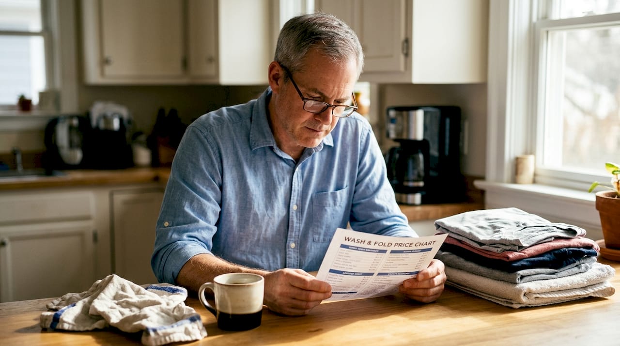 Man examines laundry price sheet in kitchen