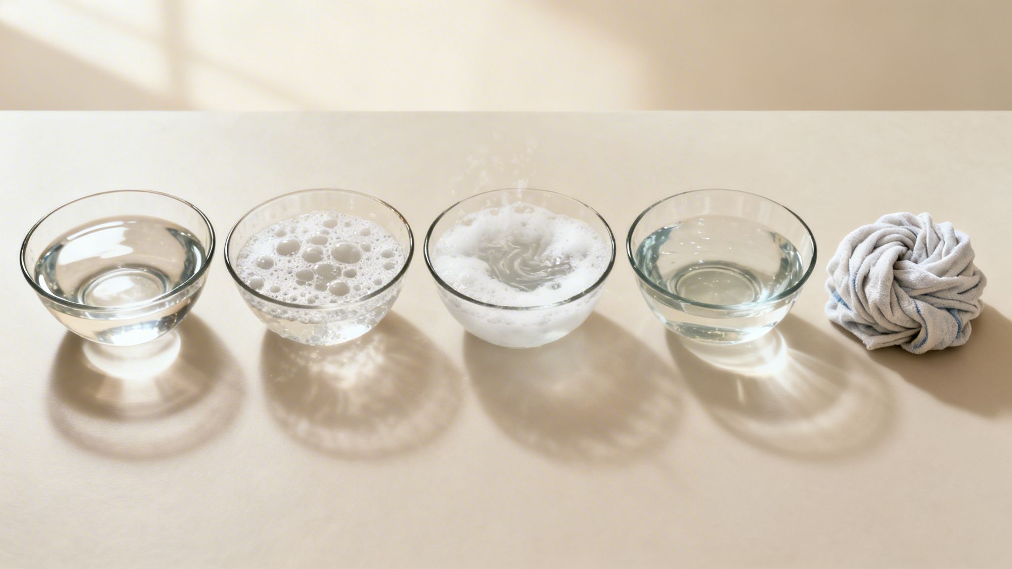 Four glass bowls depicting stages of a wash cycle with water and soap, next to a rolled towel.