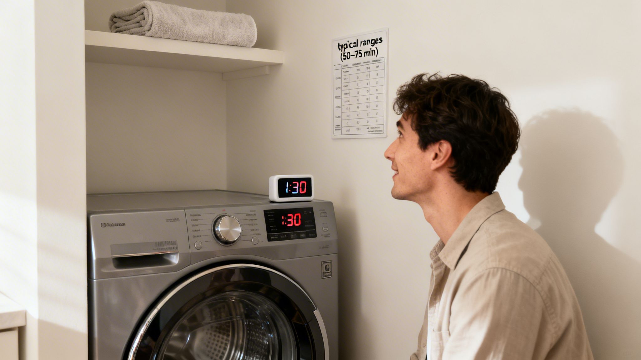 A man checks the 1:30 timer on a modern washing machine, with a laundry cycle chart on the wall.