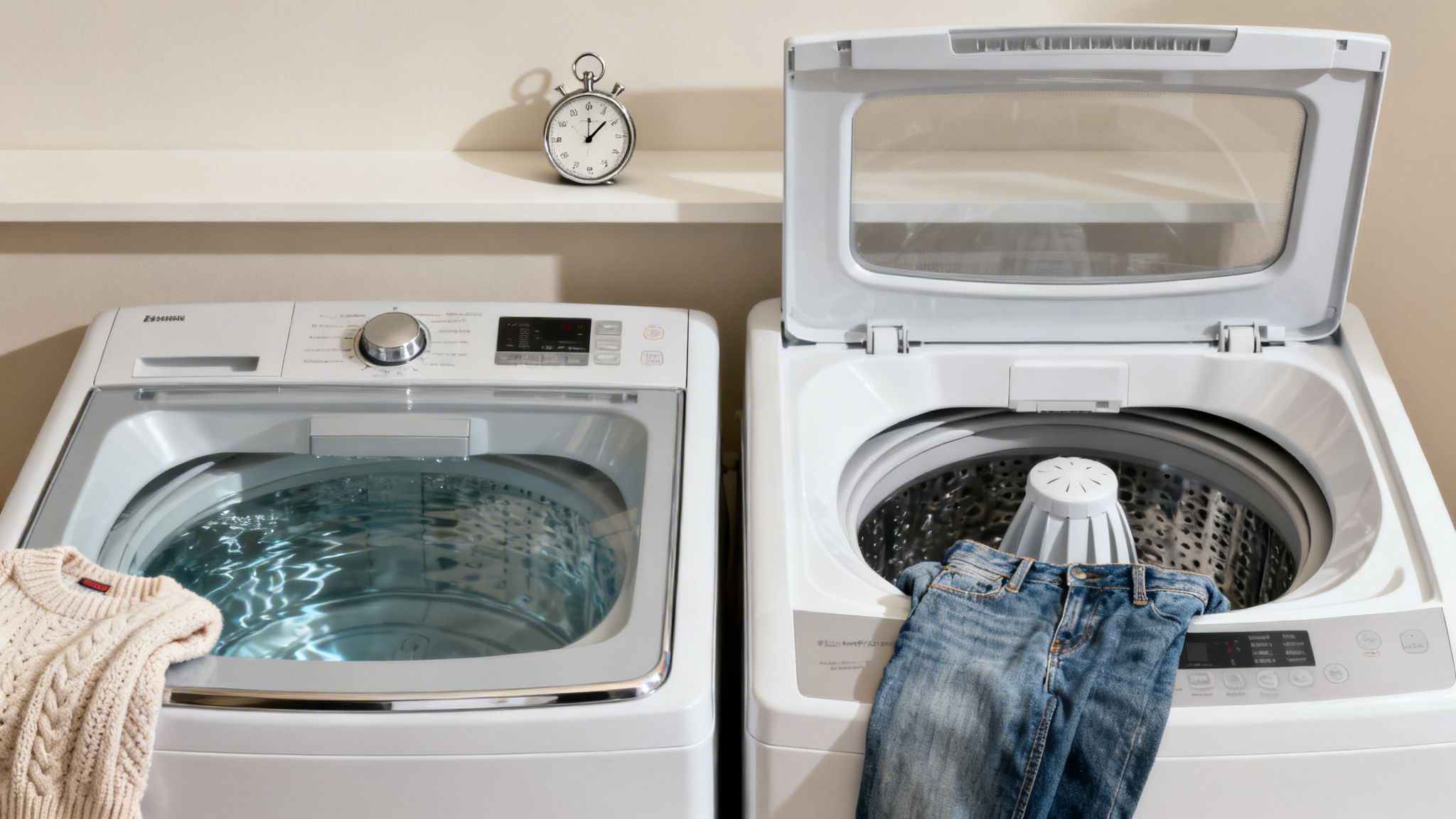 Two white top-load washing machines, one filled with water, the other open with jeans, and a stopwatch.