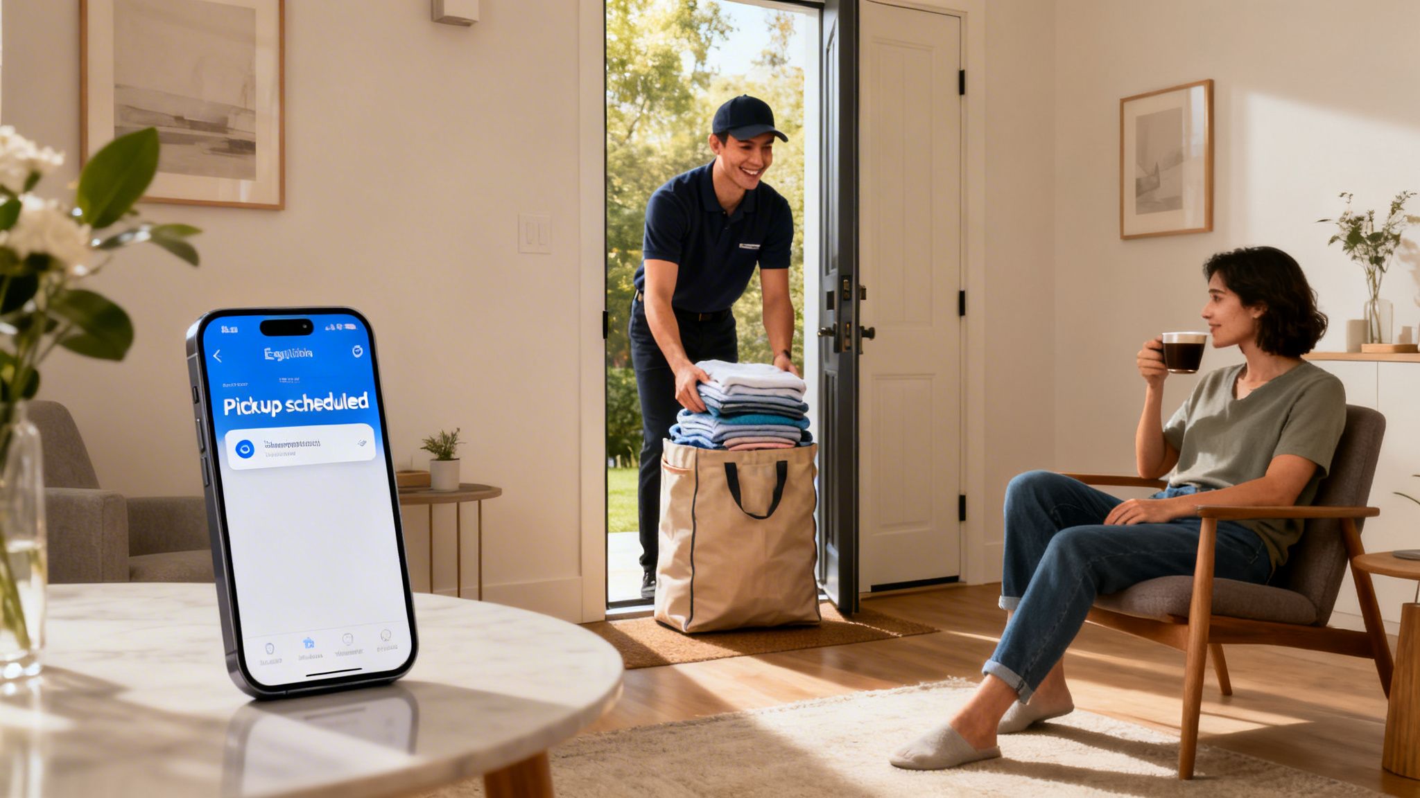 A delivery person brings fresh laundry to a woman relaxing at home, a phone displays a "Pickup scheduled" app.