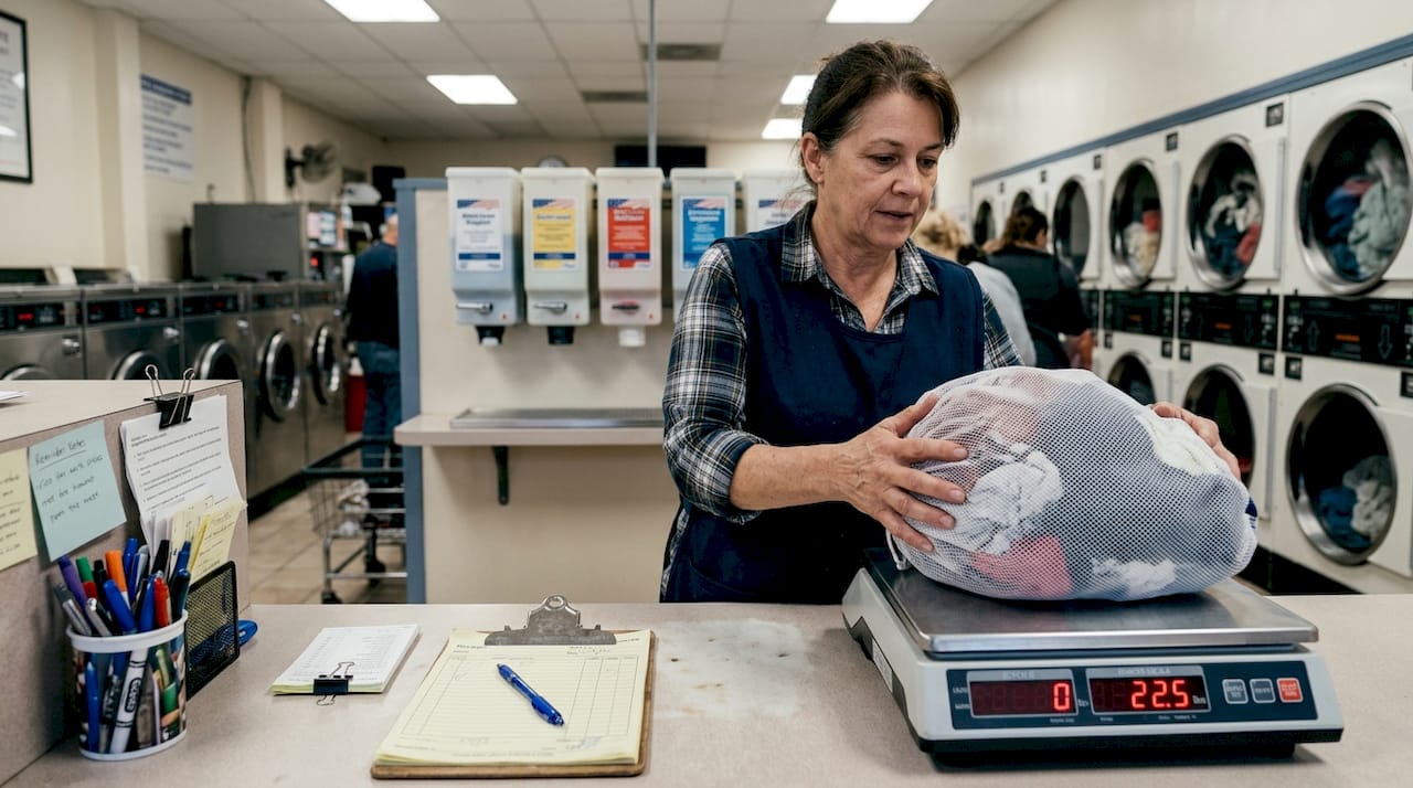 Worker weighing laundry bag on laundromat scale