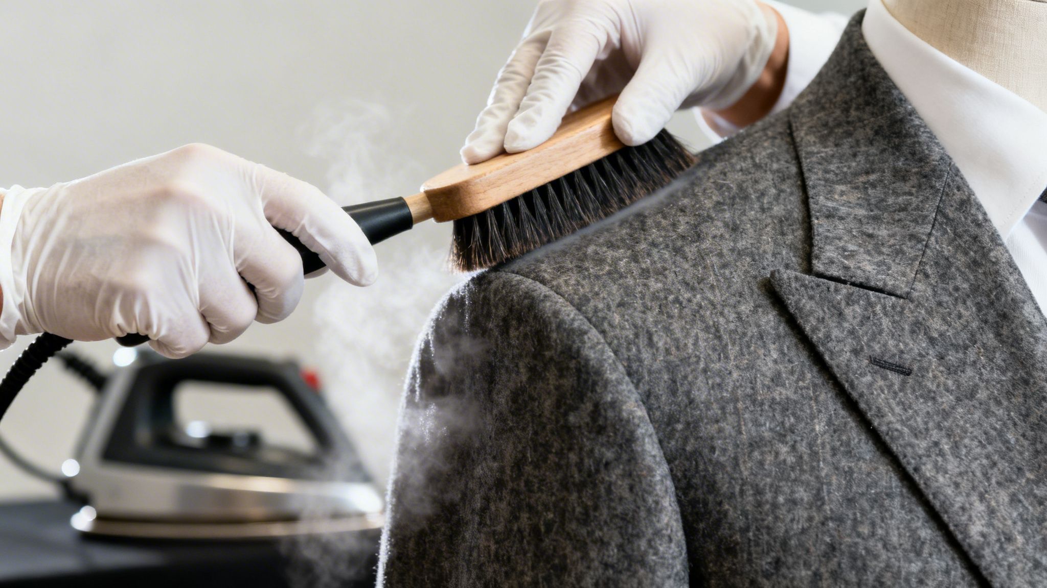 Hands in white gloves steam brushing a grey suit jacket on a mannequin, with an iron in the background.