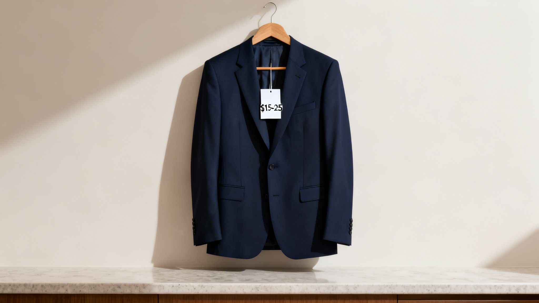 Navy blue suit jacket on a wooden hanger, with a price tag showing '$15-25'.