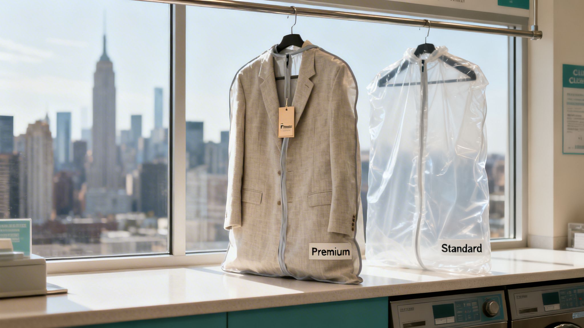 Two dry-cleaned suits, one premium and one standard, hanging with a city skyline view.