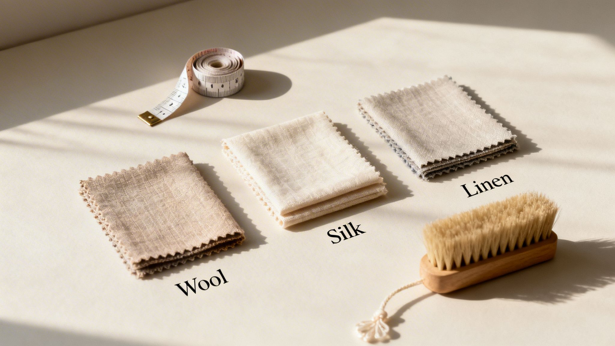 Natural fabric swatches: wool, silk, linen, with a measuring tape and clothes brush on a cream surface.